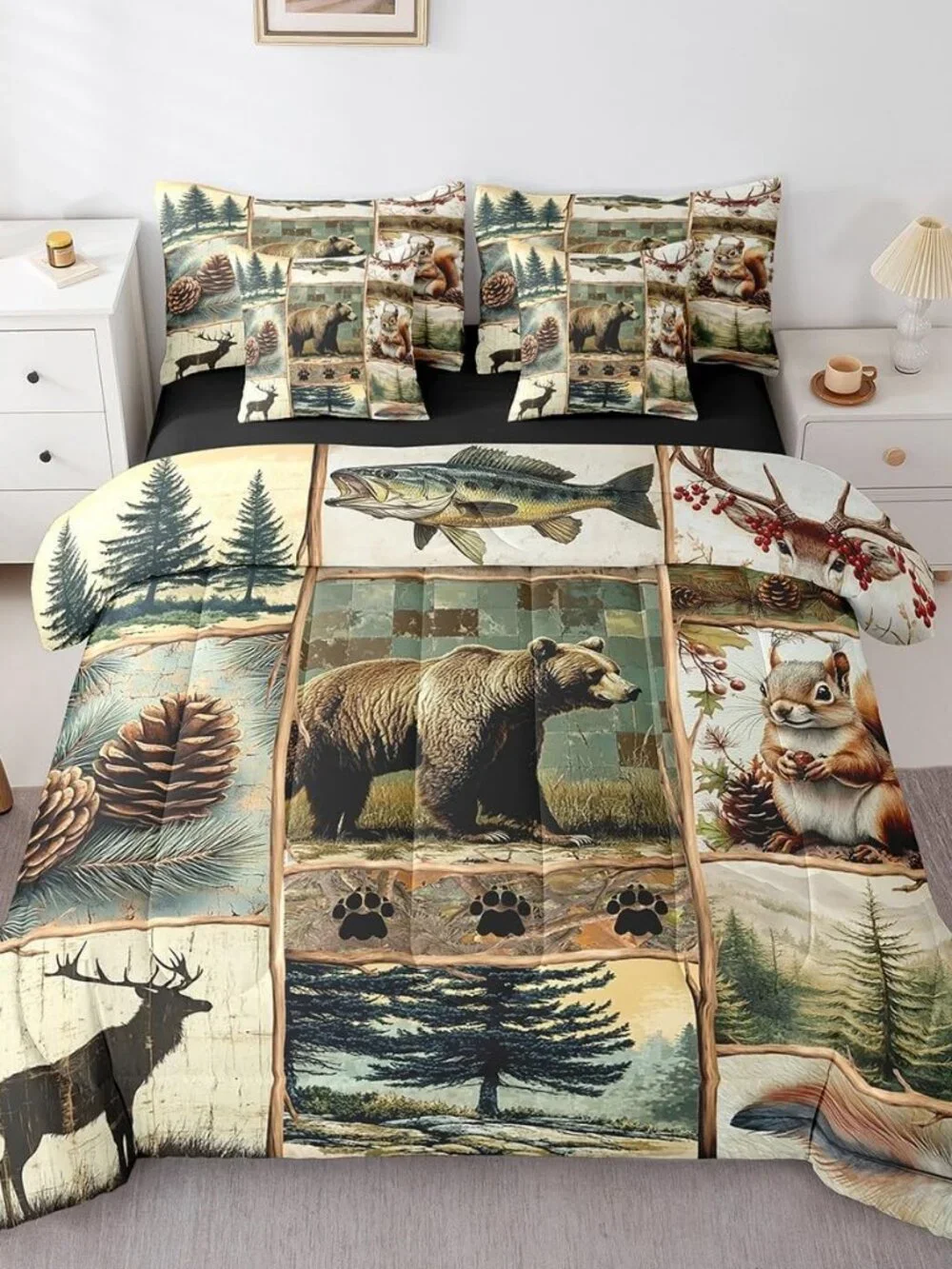 Rustic Cabin Bear Comforter Set with Sheets Queen Size Kids Wild Animal Hunting